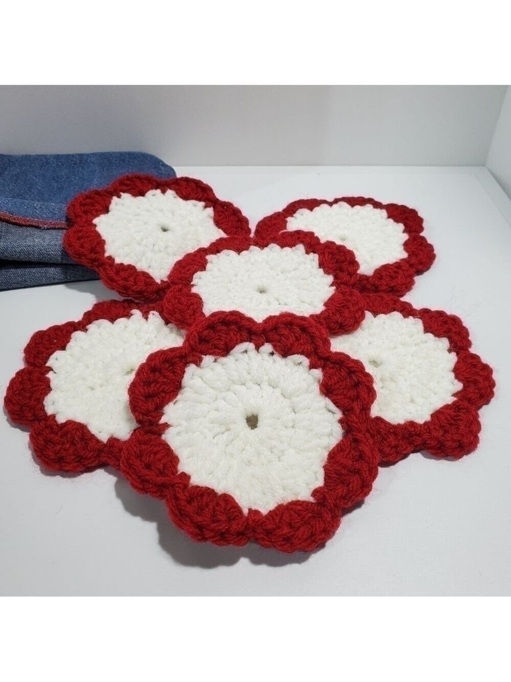 VTG set 6 crocheted cup coasters floral deep burgundy and white w/jean bag